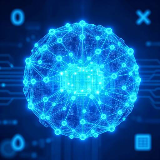 Digital CGI image of a glowing blue 3D wireframe sphere with bright neon dots against a dark blue, circuit-like background.