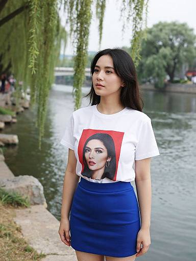 Woman in Graphic T-shirt by Riverbank