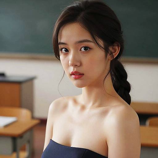 Photograph of a young Asian woman with fair skin, long black braided hair, and red lipstick, wearing a strapless black top, standing in