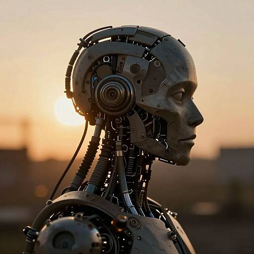 Photograph of a metallic humanoid robot in profile, backlit by a golden sunset. The robot's detailed mechanisms and wires are visible, with a blurred