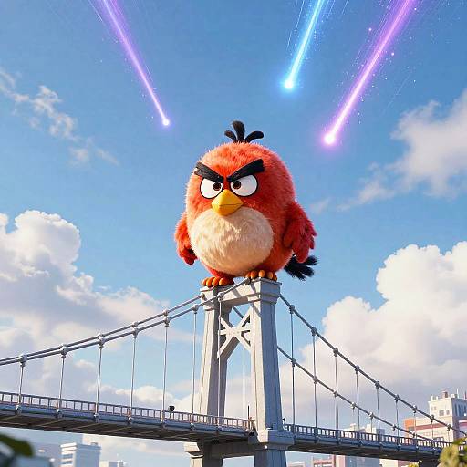 Digital artwork of a chubby, red, angry owl with black eyebrows perched on a bridge, against a bright blue sky with purple laser streaks.