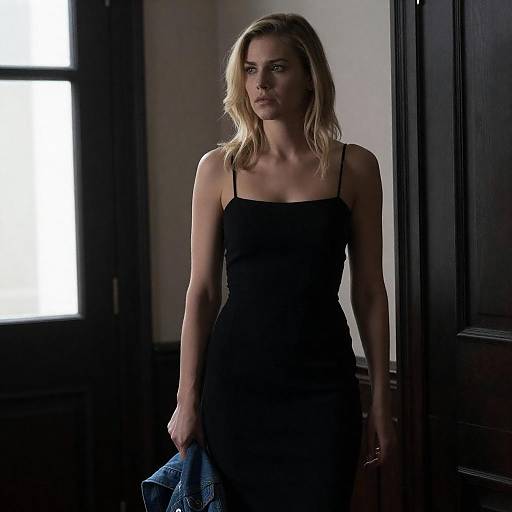 Blonde Woman in Black Dress Holding Denim Jacket