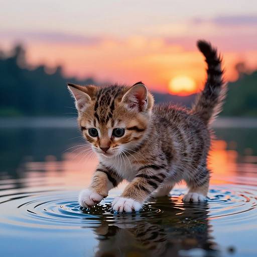 Photograph of a curious tabby kitten with wide eyes, standing in shallow water, creating ripples, at sunset with vibrant orange and pink sky.