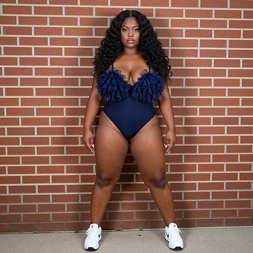 Photograph of a curvy, dark-skinned woman with long black curly hair, wearing a black ruffled one-piece swimsuit and white sneakers,