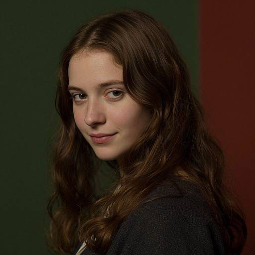 Photograph of a young Caucasian woman with long, wavy brown hair, light skin, and subtle makeup, wearing a dark blazer, against a