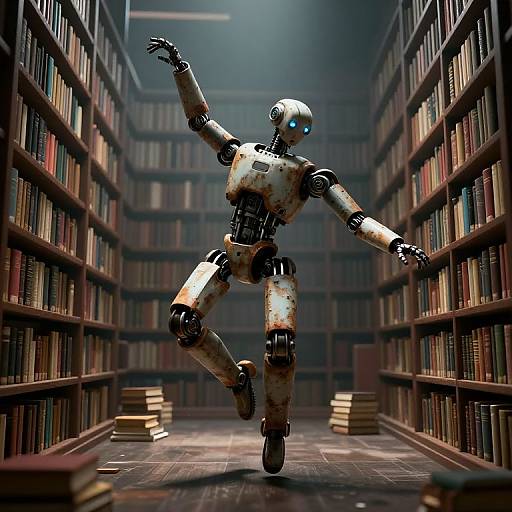 CGI image of a dancing, rusted humanoid robot with glowing blue eyes in a dimly lit, spacious library with tall bookshelves.