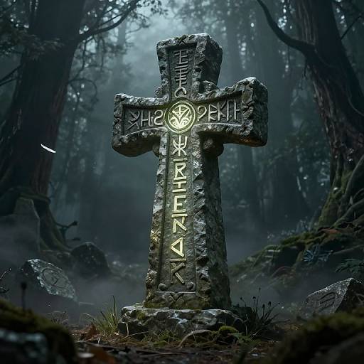 Photorealistic CGI of a moss-covered stone cross in a foggy forest, glowing runes spelling 