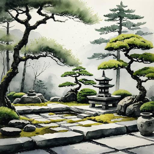 Watercolor Japanese Zen Garden