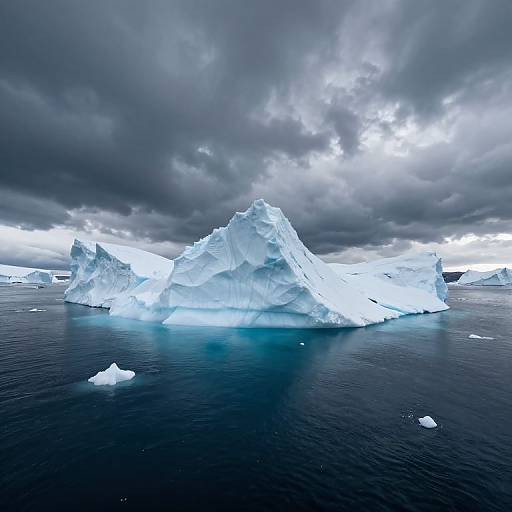 Photograph of a large, jagged iceberg floating in dark blue ocean water, under a dramatic, cloudy sky with bright sunlight breaking through.