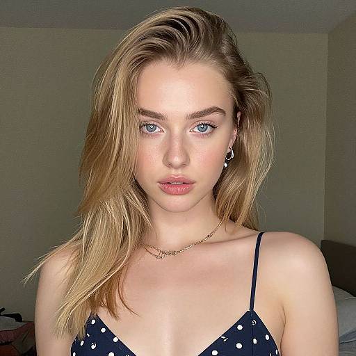 Photograph of a young woman with fair skin, blue eyes, and blonde hair, wearing a black polka dot top, gold chain necklace, and