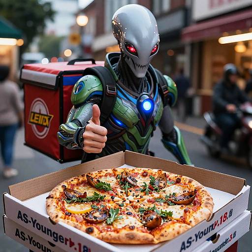 Photograph of a futuristic, armored robot with glowing red eyes, giving a thumbs-up while holding a pizza box on a busy street. Background includes blurred