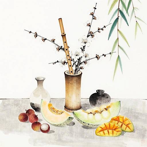 Chinese Ink Wash Still Life with Fruits and Bamboo Flute Vase
