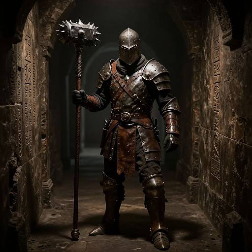 Dark medieval knight in shiny armor and helmet, holding spiked mace, stands in dimly lit stone corridor with ancient carvings. Photograph.