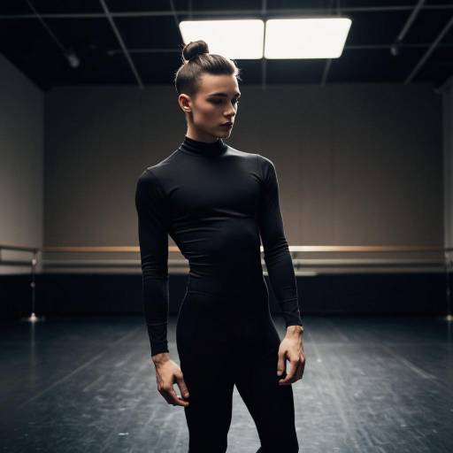 Male dancer in black unitard with ballerina bun Male dancer in black unitard with ballerina bun