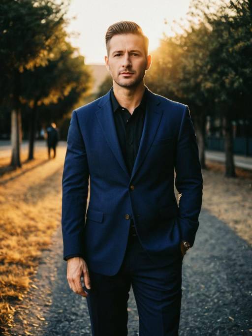 Man in Navy Blue Suit Outdoors at Golden Hour