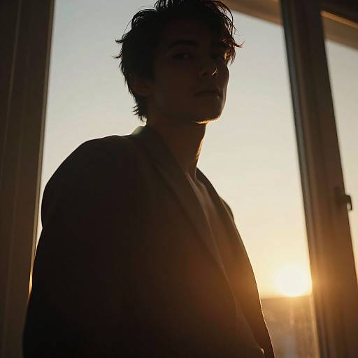 Silhouetted man with tousled hair, backlit by a setting sun through a window, wearing a dark jacket, evoking a dramatic,