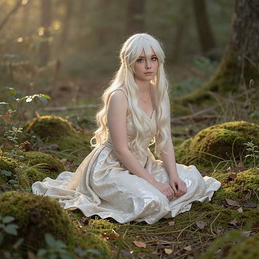 Photograph of a pale-skinned woman with long, white, wavy hair, wearing a shimmering, white satin dress, kneeling on moss-covered