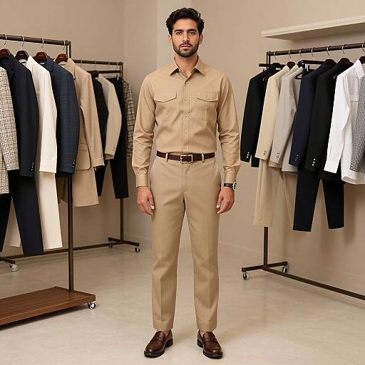 Photograph of a handsome, bearded man in beige button-down shirt and pants, standing in a men's clothing store with racks of assorted shirts and
