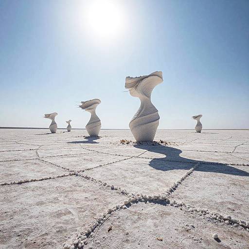 Photograph of five abstract, white, wind-sculpted clay figures standing on a cracked, sunlit desert floor under a bright blue sky.