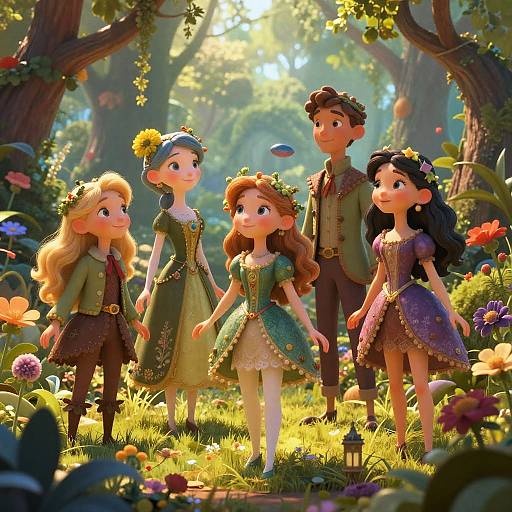 Digital illustration of four animated princesses with colorful dresses and floral crowns, standing in a sunlit, enchanted forest filled with vibrant flowers and tall trees