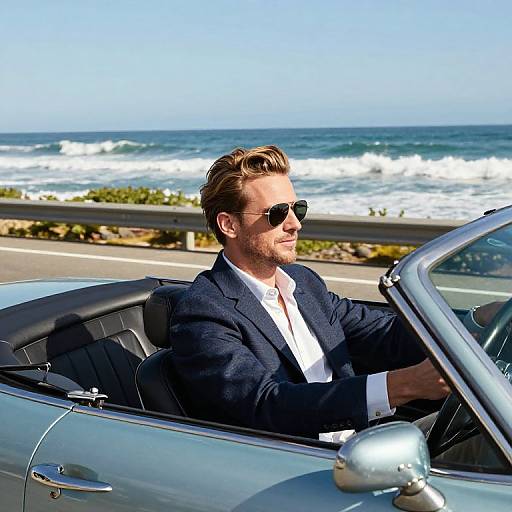 Yuppie Driving Vintage Convertible Along Coast