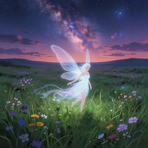 Digital painting of a glowing fairy with translucent wings standing in a vibrant, starlit meadow of colorful flowers at twilight.