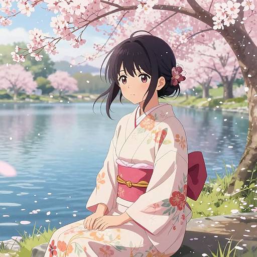 Serene Anime Girl by Cherry Blossom Lake