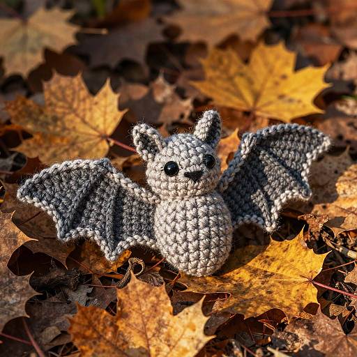Crochet Bat Among Autumn Leaves