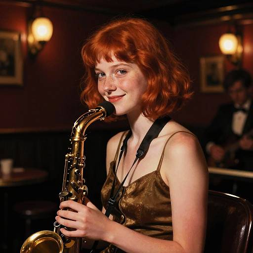 Photograph of a fair-skinned redheaded woman with freckles, wearing a brown silk tank top, playing a golden saxophone in a dim