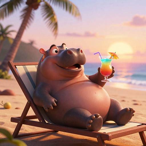 Happy Hippo Lounging at Sunrise