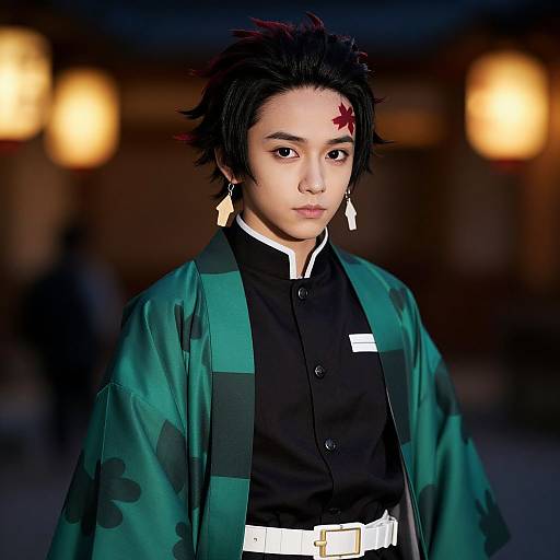 Photograph of an Asian male cosplayer with black spiky hair, green patterned robe, black shirt, white belt, and red face mark,