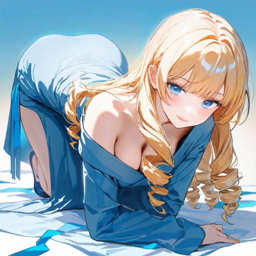 Young Blonde Woman in Blue Off-Shoulder Dress
