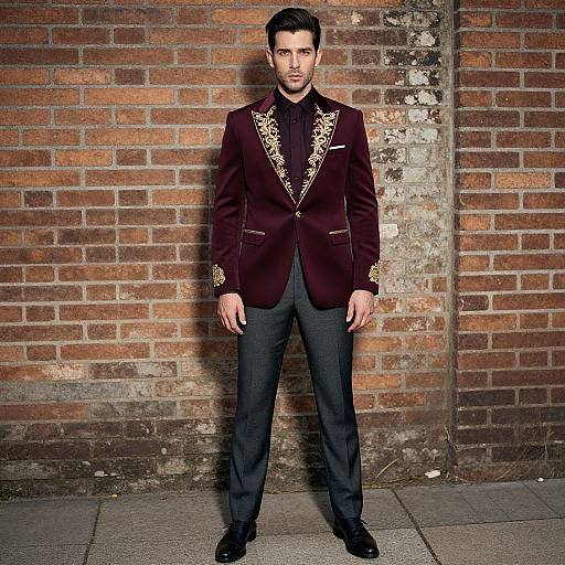 Photograph of a handsome man with dark hair and beard, wearing a dark purple embroidered jacket, black shirt, and dark pants, standing against a weather