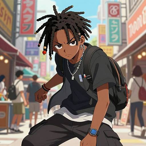 Digital anime-style drawing of a dark-skinned, dreadlocked young man with intense eyes, wearing a black shirt, necklace, and backpack, in a