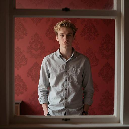 Young Man in Window with Red Shadows