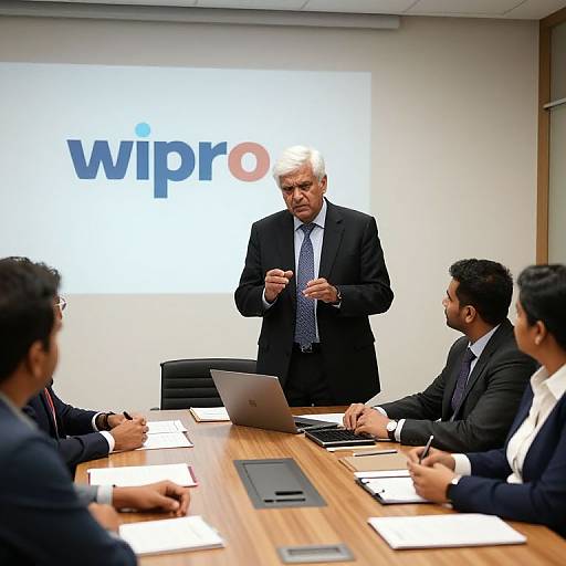 Photograph of an elderly white man in a black suit, standing and speaking to four men in suits at a wooden conference table with a laptop and projector