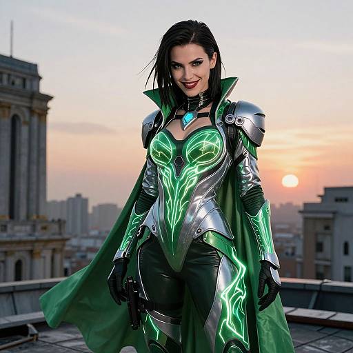 Digital artwork of a dark-haired woman in neon green and silver armored suit with glowing patterns, standing on a rooftop at sunset, cityscape background.
