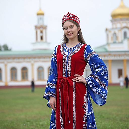 Photograph of a young woman in traditional red and blue embroidered dress and red headpiece, standing in front of a white church with golden domes.