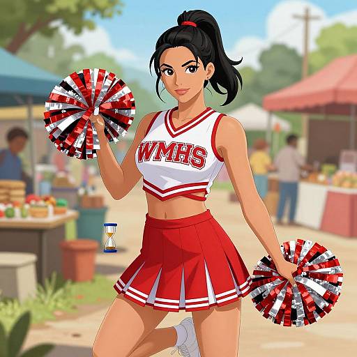 Digital illustration of a confident, tan-skinned, black-haired cheerleader in a white 