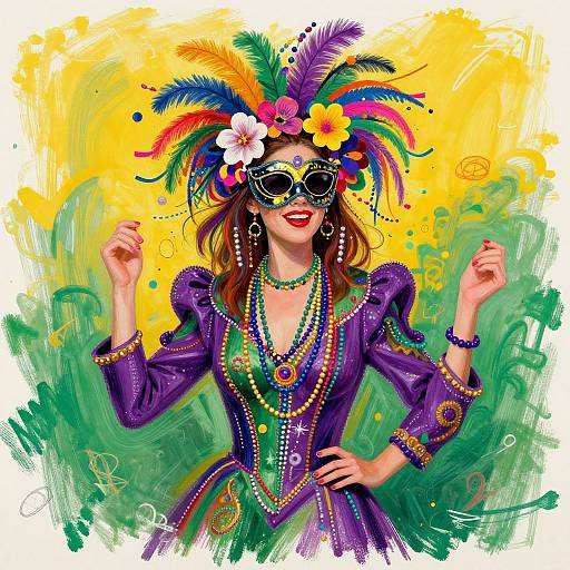 Vibrant digital illustration of a woman in a purple, beaded Mardi Gras costume, colorful feathered hat, black mask, and layered