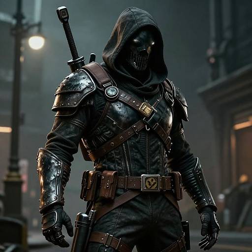CGI image of a hooded, masked, armored warrior with shiny metallic shoulder plates, brown leather belt, sword sheath, and dark street background