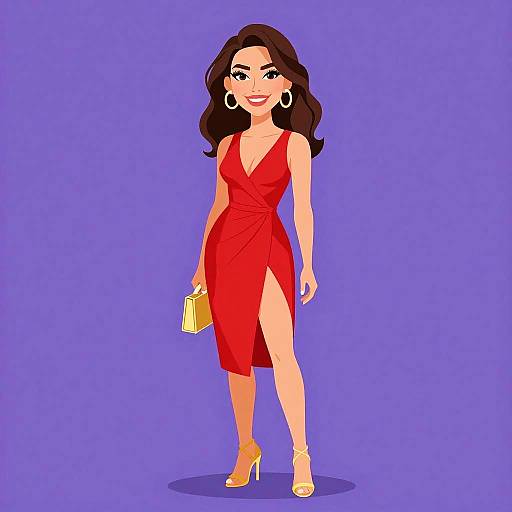 Digital illustration of a confident woman with wavy dark brown hair, wearing a red, sleeveless, high-slit dress, yellow heels, and holding