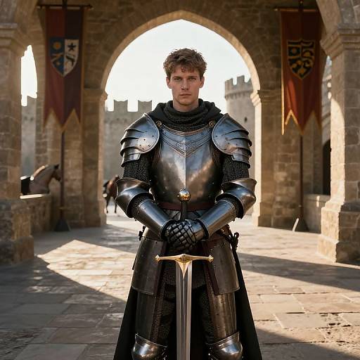 Armored Noble Warrior in Medieval Courtyard