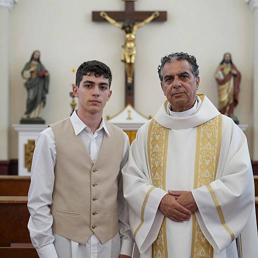 Young Man and Priest in Church Interior