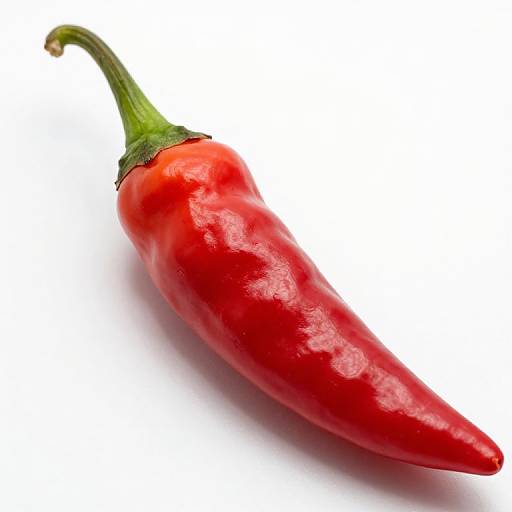 Photograph of a bright red, glossy chili pepper with a green stem, angled diagonally on a white background.