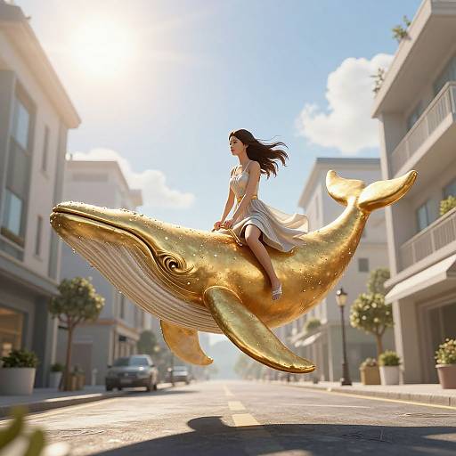 Digital artwork of a woman with long black hair, wearing a white dress, riding a golden whale down a sunlit, empty street.