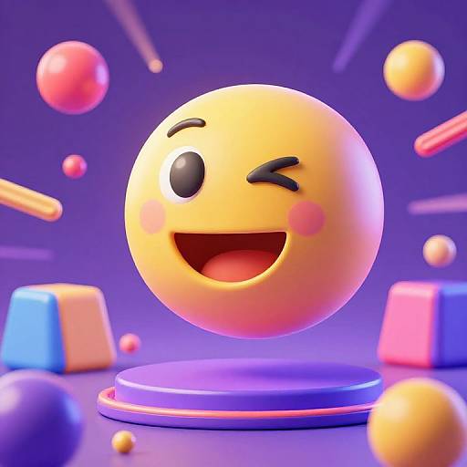 CGI illustration of a yellow, winking, smiling emoji with black eyes and pink cheeks, floating on a purple pedestal, surrounded by colorful spheres and