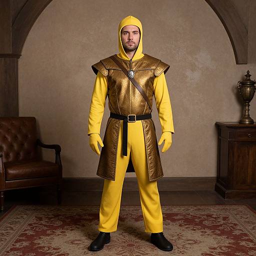 Photograph of a bearded man in a yellow medieval costume with gold metallic shoulder armor, yellow hood, gloves, and black boots, standing in a