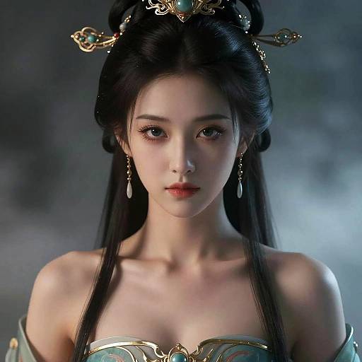 CGI portrait of an East Asian woman with pale skin, black hair in an elaborate updo, wearing a gold and green, strapless, orn