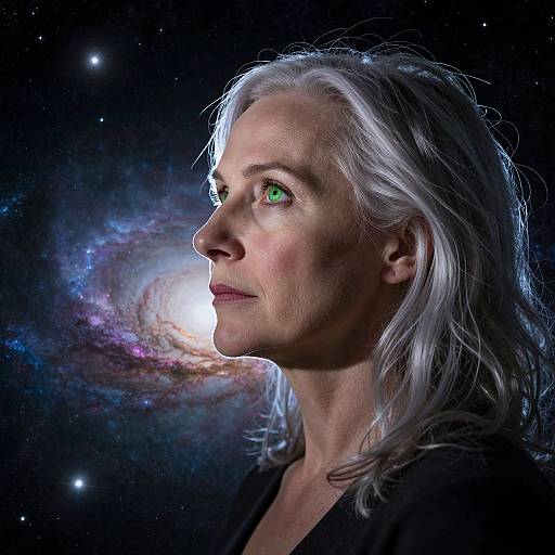 Photograph of an older white woman with silver hair, green eyes, and fair skin, gazing at a vibrant, colorful galaxy against a starry